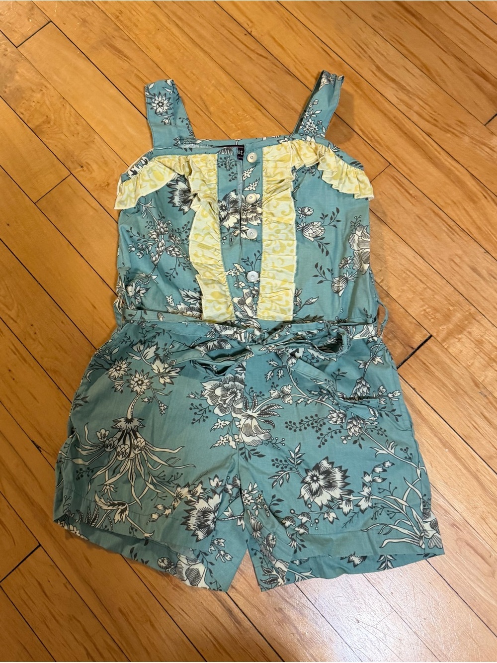 Mustard Pie Teal Floral Romper with Yellow Ruffle